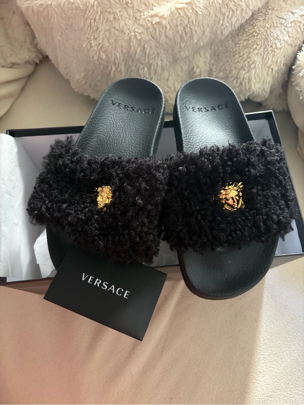 Versace Black Faux Fur Medusa Slide Sandals